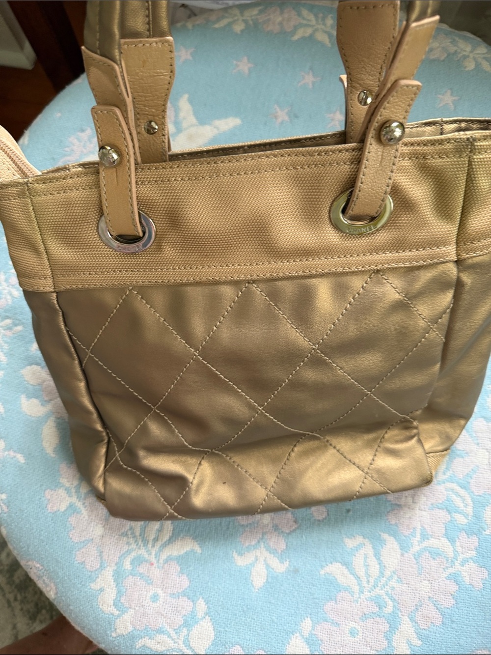 CHANEL Paris Biarritz PM Tote Bag Gold Matelasse Canvas CC - Picture 12 of 17